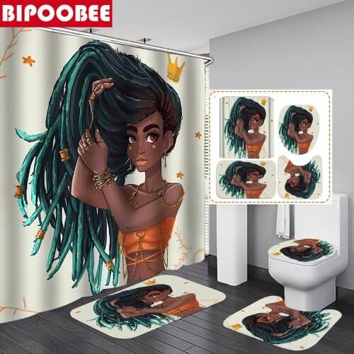 African American Women 3D Shower Curtains Waterproof Black Girl Bathroom Partition Soft Bath Mat Set Carpet Toilet Lid Cover
