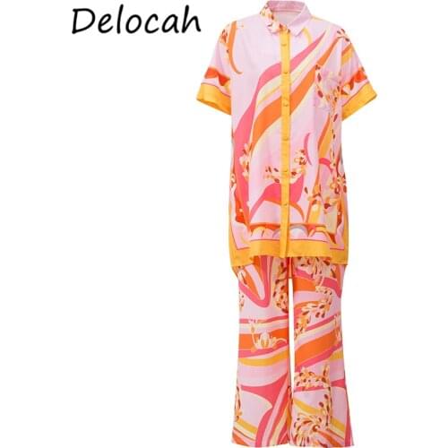 Delocah New 2021 Summer Women Fashion Runway Pants Set Short Sleeve Loose Blouses + High Waist Wide Leg Printed Long Pants Suits