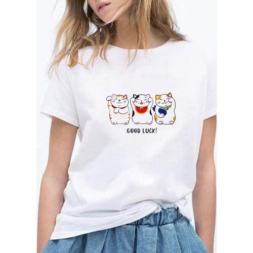 Women Summer GOOD LUCK CATS Printed Oversize Vogue Cheap T Shirts Women Fashion Kawaii Versatile Vintage Ropa Mujer T-shirt