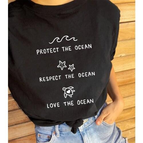 Protect The Ocean Respect The Ocean Love The Ocean Eco T-shirt Stylish Summer O-Neck Vegan Tees Tops Women Graphic Slogan Tshirt