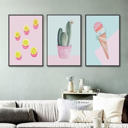 Nordic Style Lovely Pink Cactus Canvas Painting Pictures For Living Room Cartoon Ice Cream Poster Kids Room Nursery Decoration