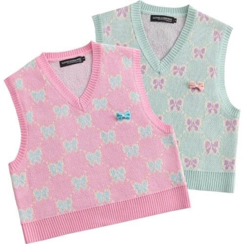 Kawaii Pink Knitted Jacquard Bow Tie Y2K Sweater Vest for Women Cute Ladies Vintage 2000s Aesthetic V Neck Pullover Jumper Vest
