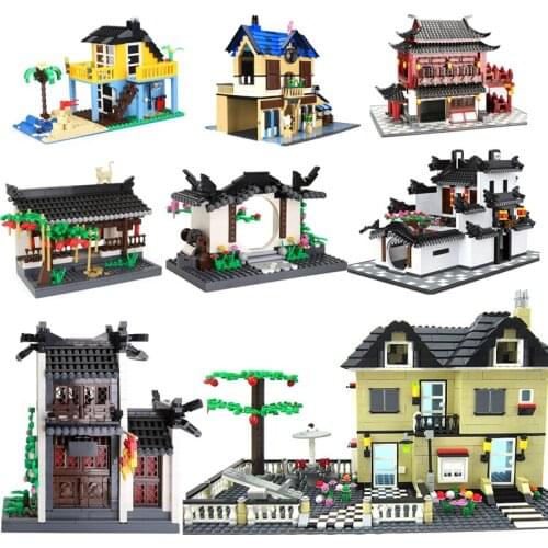 Classics City Architecture Street View Seaside Villa Garden Coffee House Traditional Huistyle Children Building Block Toy Gift