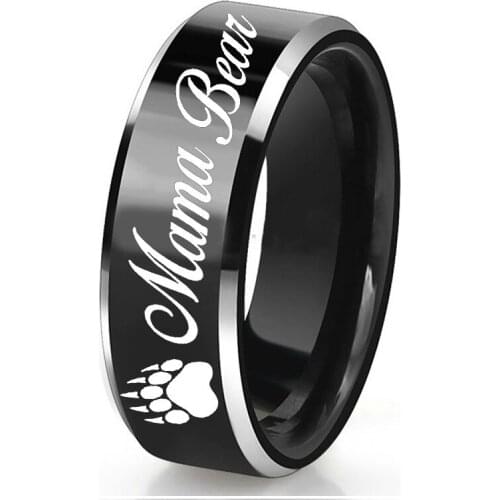 Engrave Mama Bear Animal Rings for Family 8mm Black Tungsten Engagement Rings Special Gift for Animal Lovers