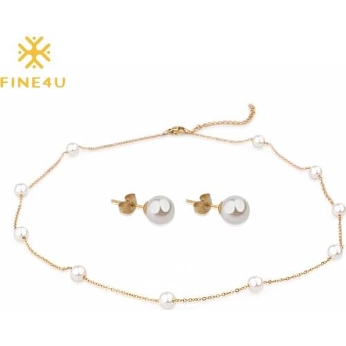 FINE4U N365 Pearl Necklace Earrings Sets Stainless Steel Wedding Bridal Party Jewelry Set For Women Girl GIfts