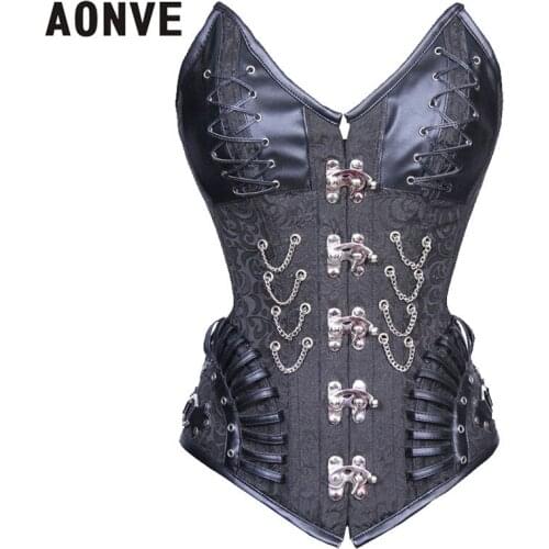 Aonve Gothic Faux Leather Corset Women Steampunk Overbust Korse Black Goth Clothes Sexy Punk Bustiers Lace Up S-2XL
