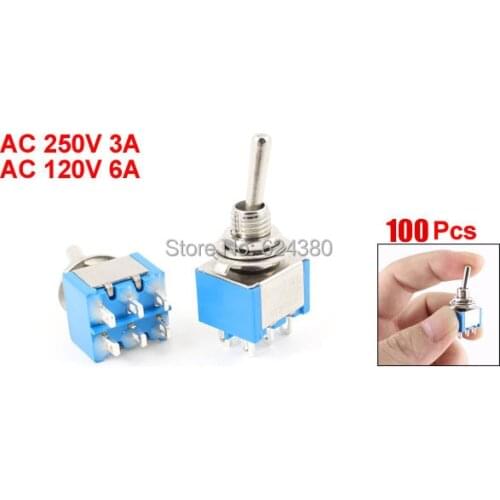 Miniature Mini Toggle Switch DPDT 2P2T DP2T ON/ON Two 2 Position Lock 6 Pin 6P 250V / 3A 120V / 6A AC X 100 Pcs / Lot