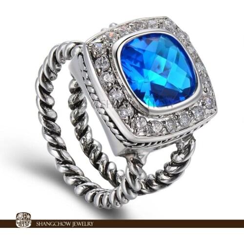 New! Vintage in Fashion Jewelry Blue Crystal 925 Sterling Silver Ring R1208