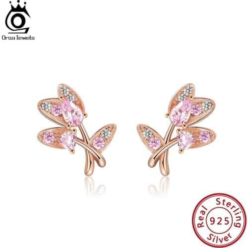 ORSA JEWELS Pure 925 Sterling Silver Bracelet AAAA Zirconia Leaf Shape Thin Chain Fashionable Jewelry For Girls Dating EQB02