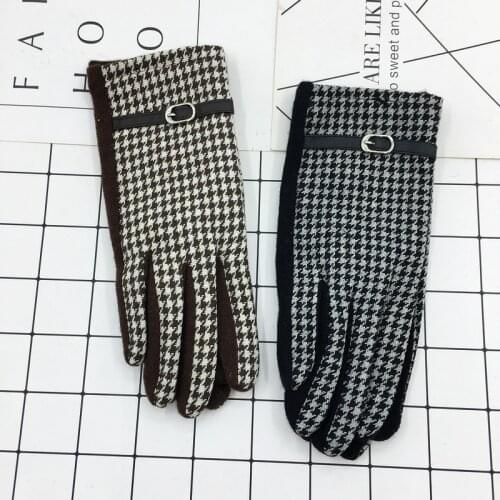 New Classic Houndstooth Gloves Leather Buckle Ladies Wool and Cashmere Gloves Warm Autumn and Winter Driving Points Handschoenen