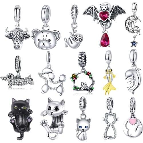 WOSTU Authentic 925 Sterling Silver Hot Sale Cute Cat Charms Pendant Fit Bracelets Women Party Fashion DIY Jewelry Gift Making