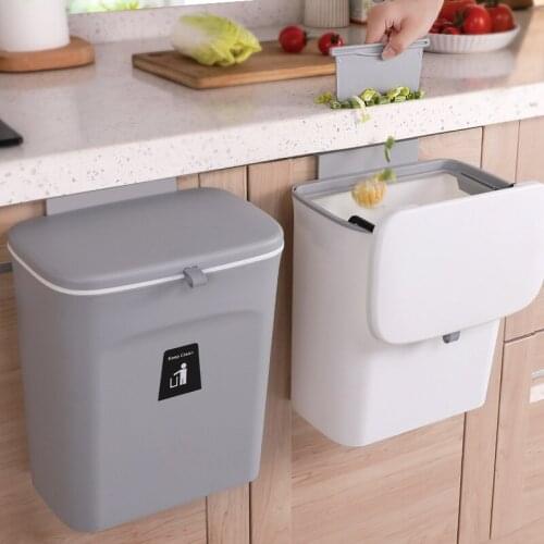Hanging Trash Can for Kitchen Cabinet Door with Lid Wall Mounted Counter Waste Bin Plastic JA55
