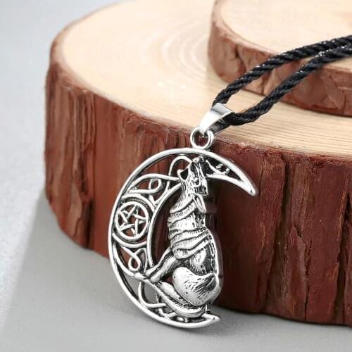 QIAMNI Animal Wolf Moon Viking Necklace Pendant Valknut Odin 's Symbol of Norse Mens Slavic Amulet Rope Chain Choker Jewelry