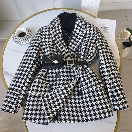 Houndstooth Woolen Coat Women Winter Jacket New Female Suit Jacket With Waist Bag Suit Elegant Thick Loose Womens Jacket Top