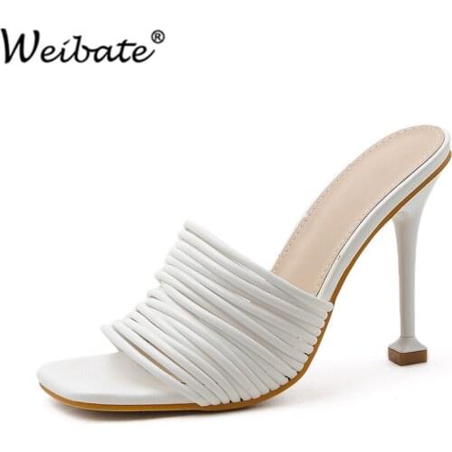 WEIBATE Square Toe Womens Slipper Shoes Summer Mules Sandals Multi Knot Sexy High Heel Slides Ladies Rome Shoes Women Slippers