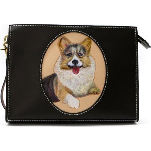 Women Men Vegetable Tanned Leather Bag Money Holder Cowhide Hand-carved Cute Puppies Clutch Purse Clutches Envelope Gifts