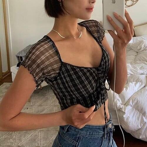 2021 Women Summer Fashion Plaid Cropped Blouses Vintage Autumn Bow Tie V Neck Short Sleeve Female Shirts Top Female