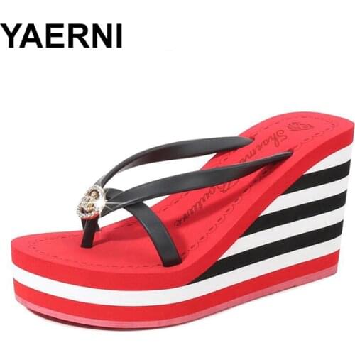 YAERNI Women slippers summer beach shoes casual new thongs stripe platform rhinestone babouches zapatos de mujer