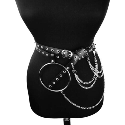 Punk Goth Big O ring Metal Chain belt Buckle Ladies Strap Harness Waist Belt Sexy Pu Leather Harness Adjustable Belts for women