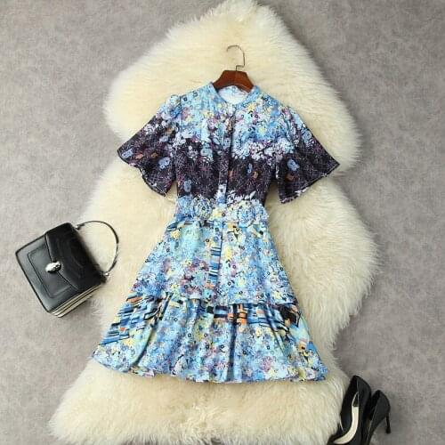 French 2021 summer new foreign style printing stand collar small elegant lotus leaf swing dress