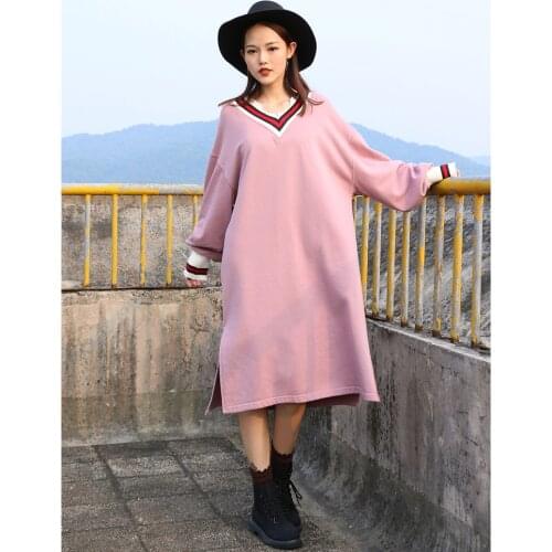 Women Hoodie Dress Harajuku Loose V Neck Mid Sweatshirts Casual Oversized Plus Size Lady Outwear Streetwear
