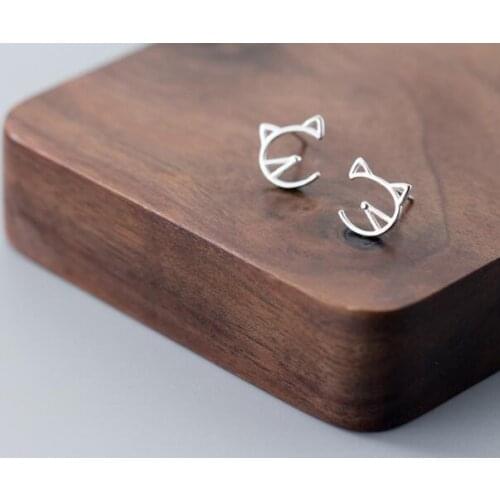 10MM 100% REAL. 925 Sterling SIlver Fine Jewelry Open Hollow Kitten Cat Piercing Stud Earrings C-E8008