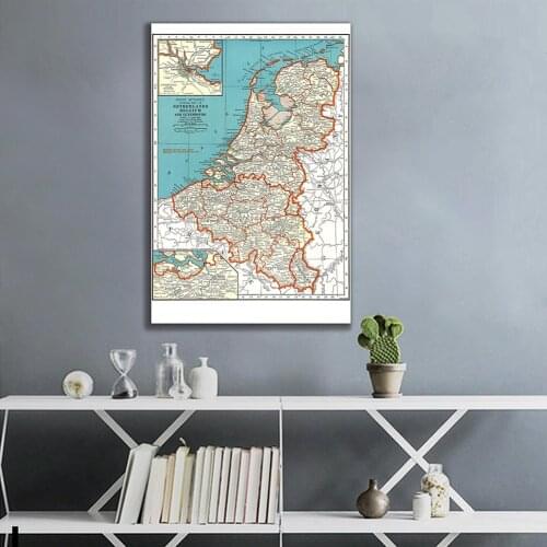 100*150cm Political Map of The Belgium and Netherlands in 1936 Retro Wall Art Poster Canvas Painting Home Decor School Supplies