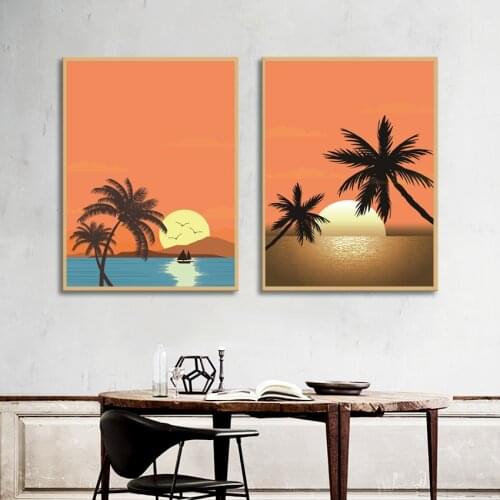 Abstract Seascape Wall Painting with Palm Trees and Sunset Calm Sea Seagull Landscape Print Frameless Canvas Decoration Poster