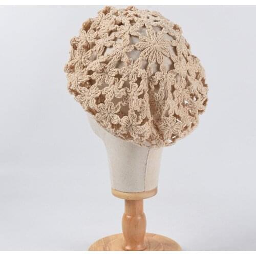 Women Handmade Crochet Beret Cap Solid Color Hollow Out Sweet Floral Weave Lady Leisure Vintage Slouchy Painter Hat