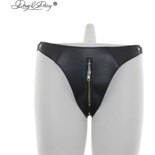 DAVYDAISY Men Sexy Panties Latex Panties Open Crotch Zipper PU Leather Thongs Sexy Lingerie Exotic Briefs Male Underwear UN506