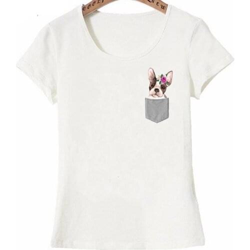 The French bulldog Pocket Print T-Shirt Summer Fashion Womens Short Sleeve Cute Girl Casual Tee Watercolor Dog Art Female Tops