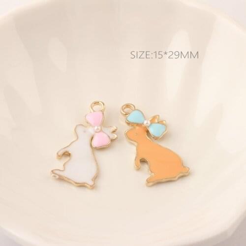 Kawaii Alloy Enamel Charm Pendants 15*29MM 20PCs 50PCs 100pCs Gold Tone Oil Drop Metal Ribbon Bow Animal Rabbit Pendants