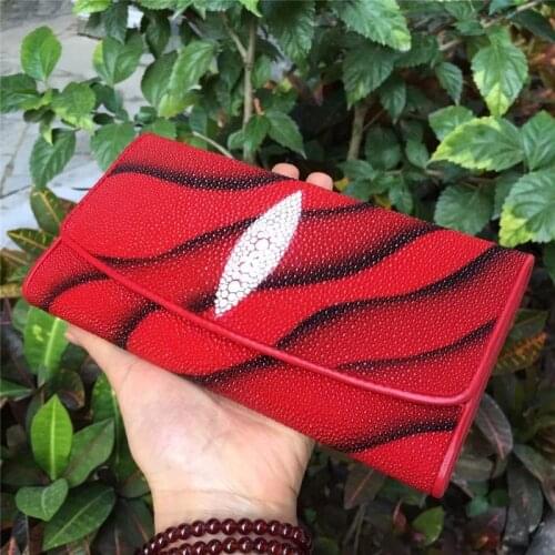 Fancy Lady Red Clutch Purse Genuine Thailand Stingray Skin Female Long Trifold Wallet Exotic Leather Womens Large Card Holders