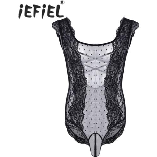 Gay Mens Lingerie Body Suit One-Piece Crossdress Lingerie Floral Lace Polka Dots See Through Mesh Sissy Pouch Bodysuit Nightwear