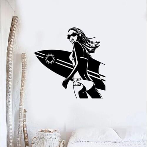 Wall Stickers Vinyl Glass Decal Sexy Girl Surfboard Extreme Sports Beach Relax Art Mural Girls Bedroom Home Decoration C020