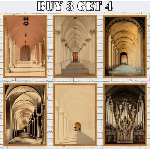 Church Corridor Poster Roman Column Landscape Wall Art Pictures Print Kraft Paper Poster Modern Living Room Decor