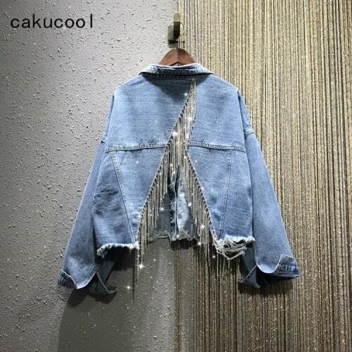 Cakucool New Denim Jacket Diamonds Tassels Womens Jeans Korean Loose Jacket Beading Back Slit Coat Chic Girls Outerwear Black