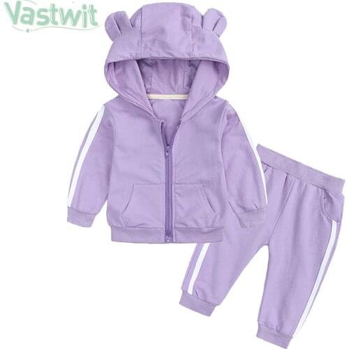 0-2Y Newborn Baby Boy Girl 2-Piece Sports Outfit Set 3D Ear Long Sleeve Zipper Solid Color Hoodie Top and Pants Set 3Colors