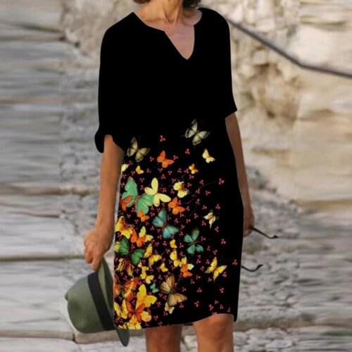 Dress Women Mid-sleeve V-Neck Floral Print Dress Knee-length Dresses A-LINE Plus Size Casual Party Midi Vintage Print Dresses