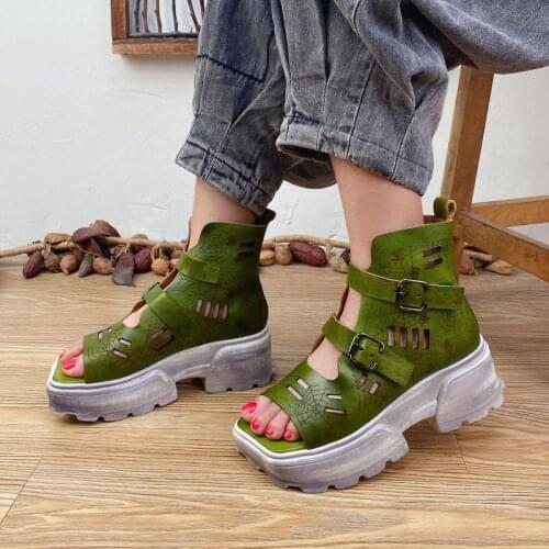 Genuine Leather Women Sandals Retro Flat Shoes Buckle Strap Summer Boots 2021 New Wedges Handmade Comfortable Platform Sandals