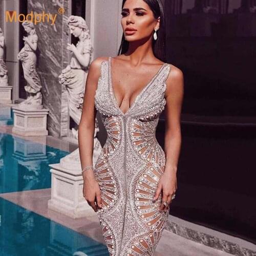 Sexy Sleeveless V-Neck Backless Mesh Sequins See-Through Hollow Split Long Dress 2020 Autumn New Bodycon Party Dress Vestidos