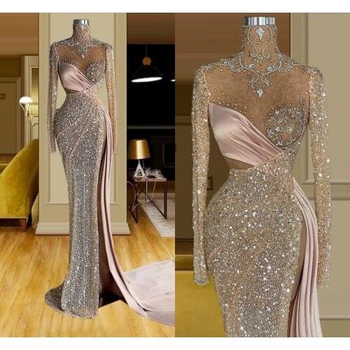 Side Split Sexy Mermaid Prom Dresses 2021 Sparkly Crystal Beaded High Neck Long Sleeve Evening Gowns Women Arabic