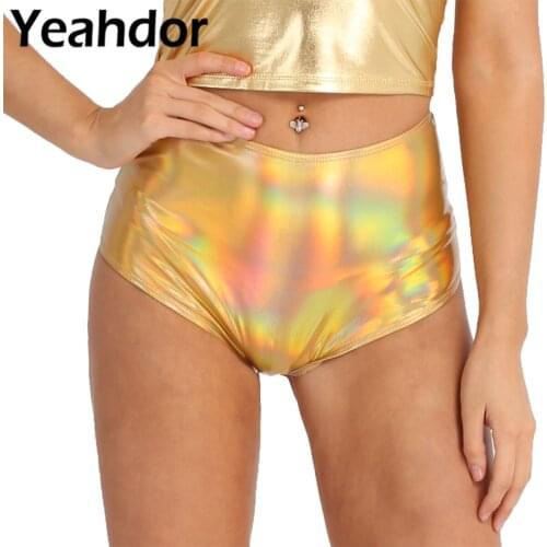 Womens Shiny Metallic Patent Leather Clubwear Shorts Back Zipper High Waisted Booty Shorts Brief Style Bottoms For Dance Raves