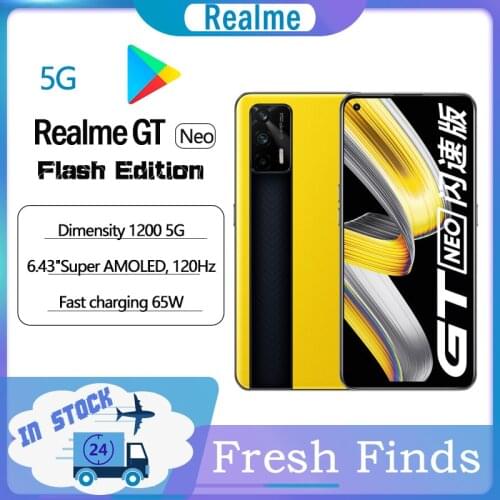 Original realme GT NEO Flash Edition 5G smart phone 120Hz Super AMOLED MTK Deminsty 1200 65W 4500mAh Fast Charge 64MP Camera NFC
