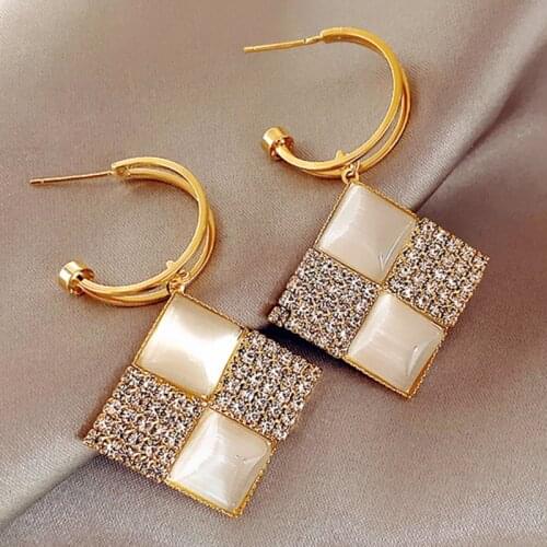 High quality cats eye stone ears square rhinestone earrings geometric atmospheric female earrings party punk jewelry girls gift