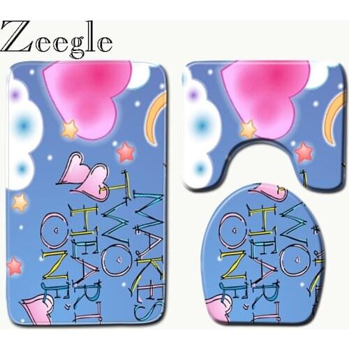 Zeegle Heart Pattern Printed 3pcs Toilet Seat Cover Rugs Toilet Decoration Mats Bathroom Carpet Set Antislip Mat Floor Mats