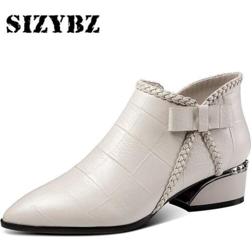 Pointed Toe Beige Square Heel Women Boots 2019 Fashion Butterfly-knot Ankle Boots Zipper PU Leather Rubber Zapatos Mujer