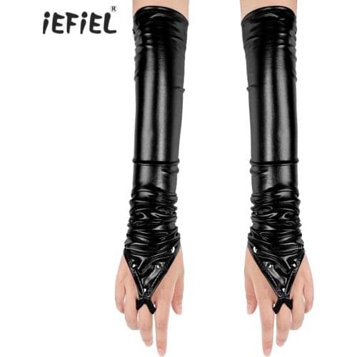 Women Femme Gloves Wetlook Metallic Fingerless Long Gloves with Rivets Sexy Pole Dance Glove Night Club Rave Costume Accessories