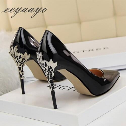 2019 New Spring/Autumn Women Pumps High Thin Heels Pointed Toe Shallow Metal Decoration Sexy Party Women Shoes Black High Heel