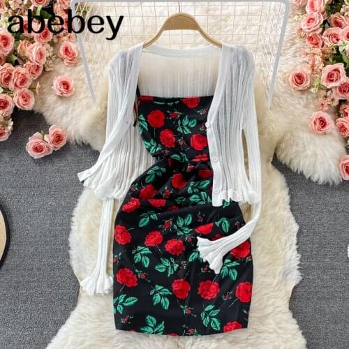2021 New Summer Korean long sleeve single breasted short shirt top + high waist print short wrap strap Dress two piece set